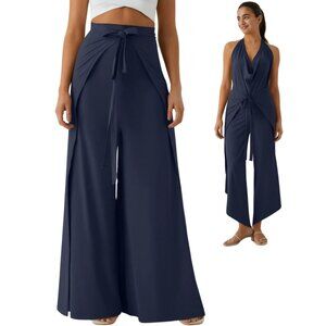 HALARA Tie Front Wrap Palazzo Pants Wear 2 Ways Navy Large NWT
